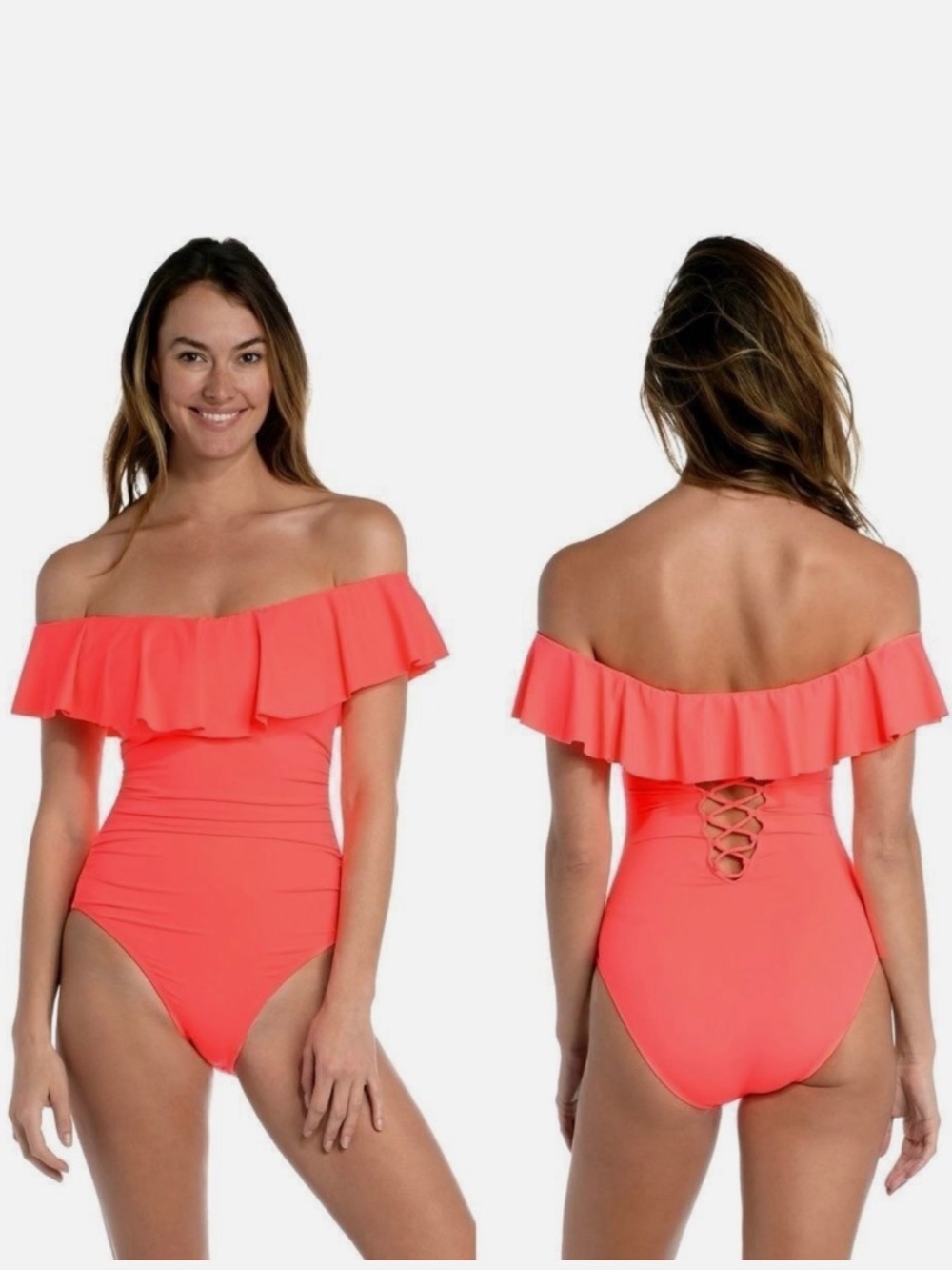 La Blanca Off Shoulder Ruffle One Piece Swimsuit. Sz 6.